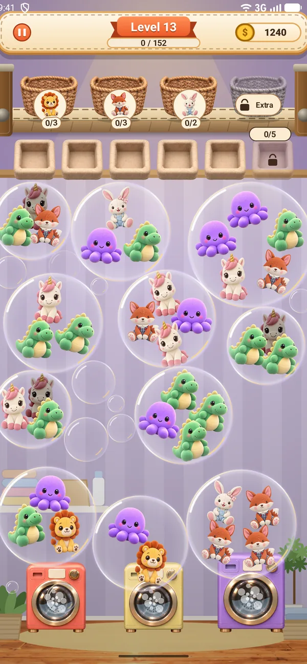 Level 13 of Laundry Pop: baskets on the belt up top, the shelf below them, and plush toys in bubbles rising from three washers