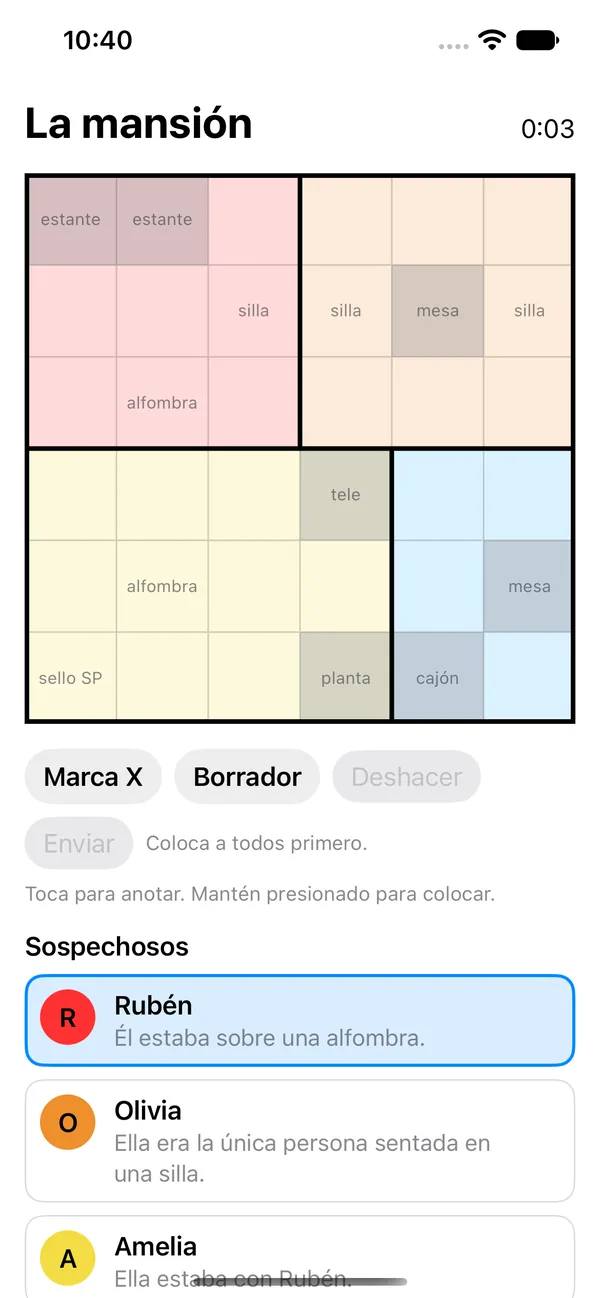 A case in SP Misterio: a floor plan of rooms and the list of suspects with their clues