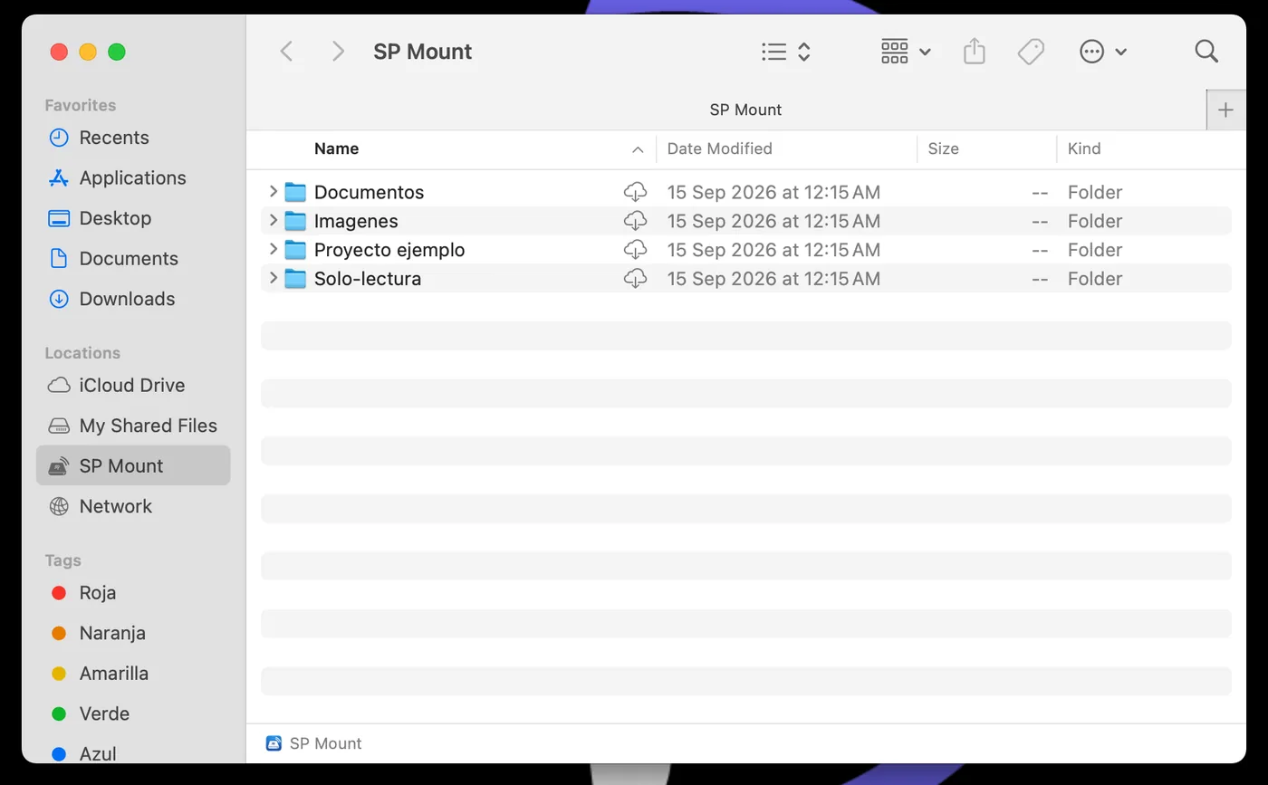 A server mounted with SP Mount in the Finder sidebar, showing its folders